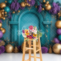 Aperturee - Aperturee Gold Purple Balloon Floral Tiger Cake Smash Backdrop