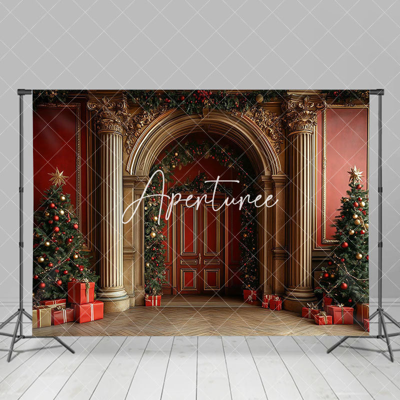 Aperturee - Aperturee Gold Red Festive Luxury Arch Door Wall Xmas Backdrop