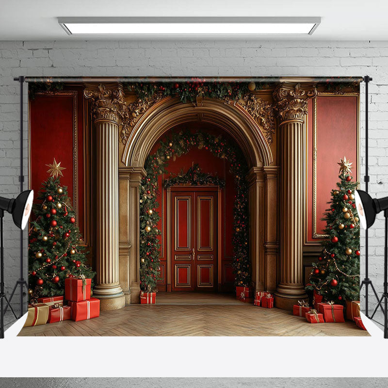 Aperturee - Aperturee Gold Red Festive Luxury Arch Door Wall Xmas Backdrop