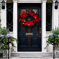 Aperturee - Aperturee Gold Ribbon Bow Poinsettia Wreath Christmas Door Cover