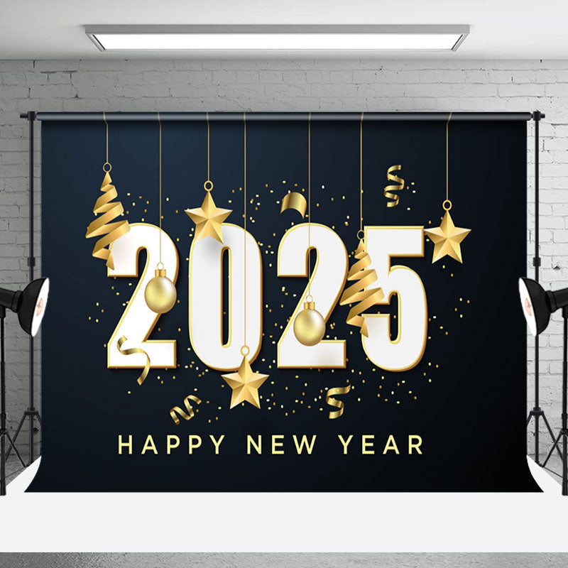 Aperturee - Aperturee Gold Ribbons Bauble Star 2025 Happy New Year Backdrop