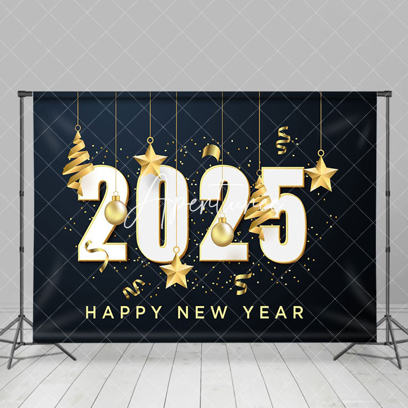 Aperturee - Aperturee Gold Ribbons Bauble Star 2025 Happy New Year Backdrop