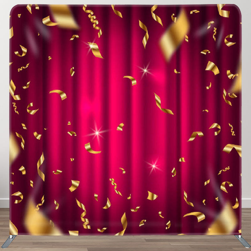 Aperturee - Aperturee Gold Ribbons Red Curtain Bokeh Holiday Backdrop Cover