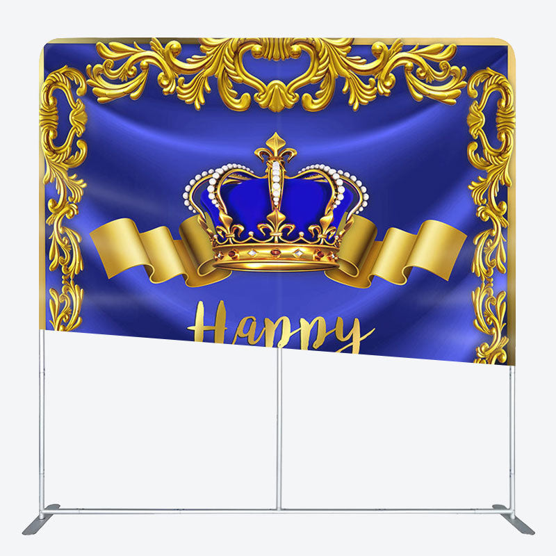 Aperturee - Aperturee Gold Royal Bule Crown Fabric Backdrop Cover for Birthday