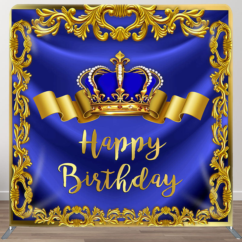 Aperturee - Aperturee Gold Royal Bule Crown Fabric Backdrop Cover for Birthday