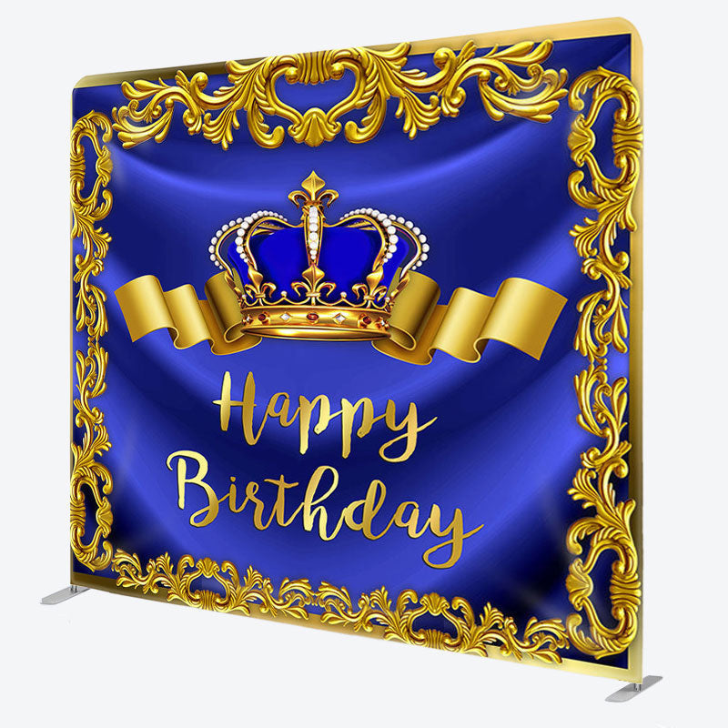 Aperturee - Aperturee Gold Royal Bule Crown Fabric Backdrop Cover for Birthday