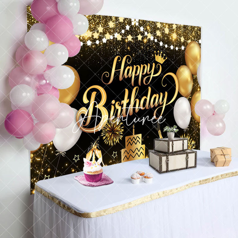 Aperturee - Aperturee Gold Shiny Balloon Cake Birthday Party Backdrop