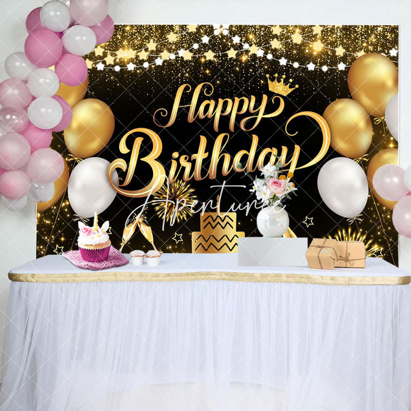 Aperturee - Aperturee Gold Shiny Balloon Cake Birthday Party Backdrop