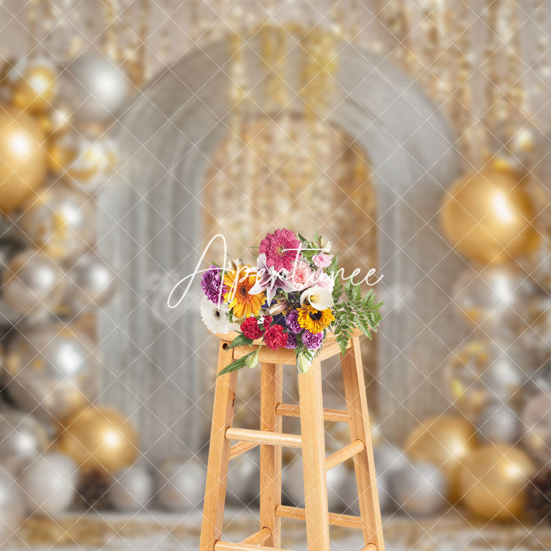 Aperturee - Aperturee Gold Silver Balloons Luxury Snowy Christmas Backdrop