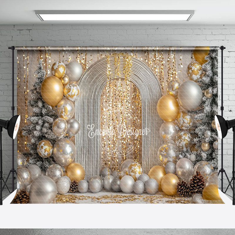 Aperturee - Aperturee Gold Silver Balloons Luxury Snowy Christmas Backdrop