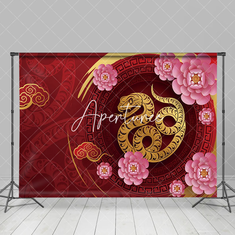 Aperturee - Aperturee Gold Snake Auspicious Clouds Floral New Year Backdrop