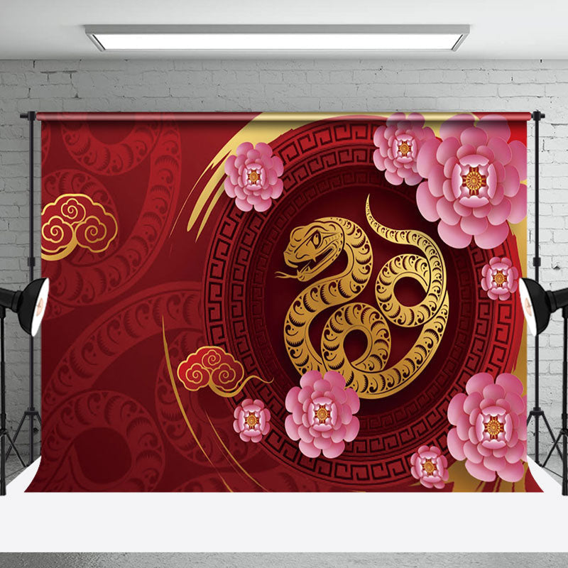 Aperturee - Aperturee Gold Snake Auspicious Clouds Floral New Year Backdrop