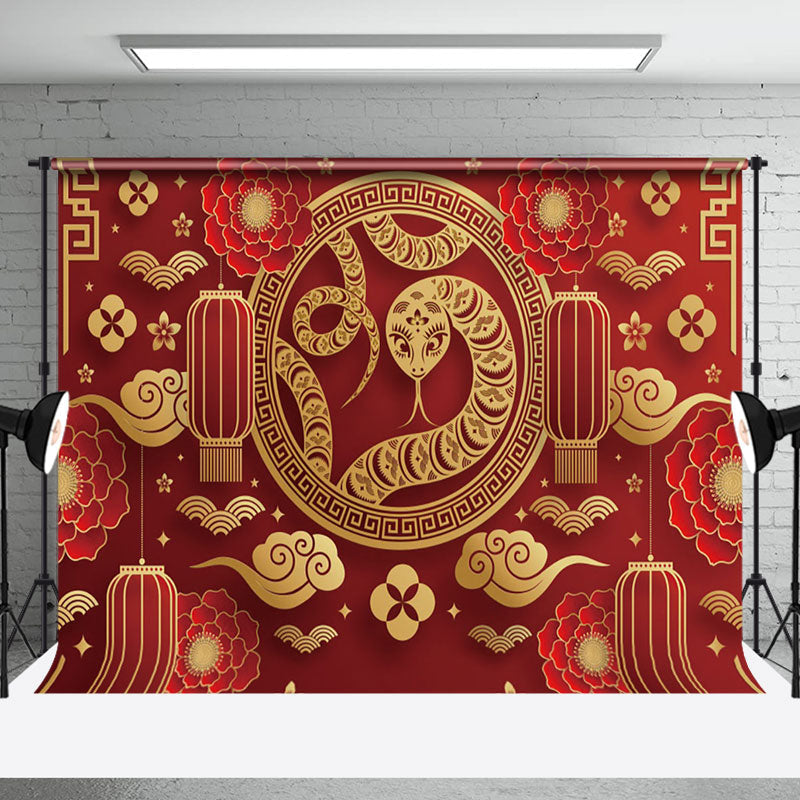 Aperturee - Aperturee Gold Snake Red Lantern Chinese New Year Backdrop