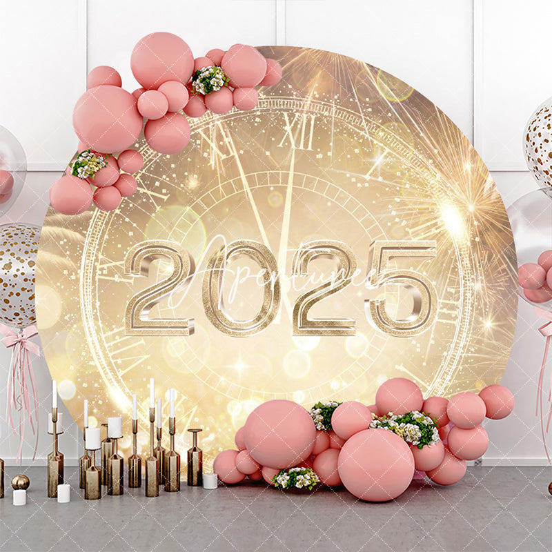 Aperturee - Aperturee Gold Sparkle Clock 2025 Round Happy New Year Backdrop