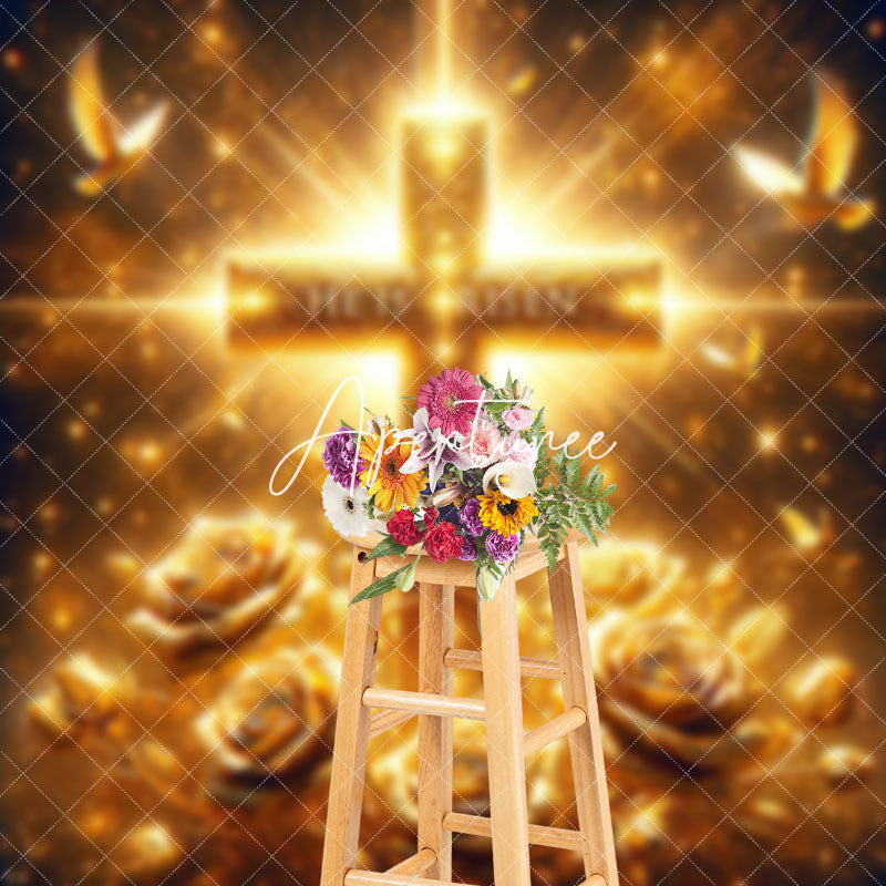 Aperturee - Aperturee Gold Sparkle Floral Cross He Is Risen Easter Backdrop