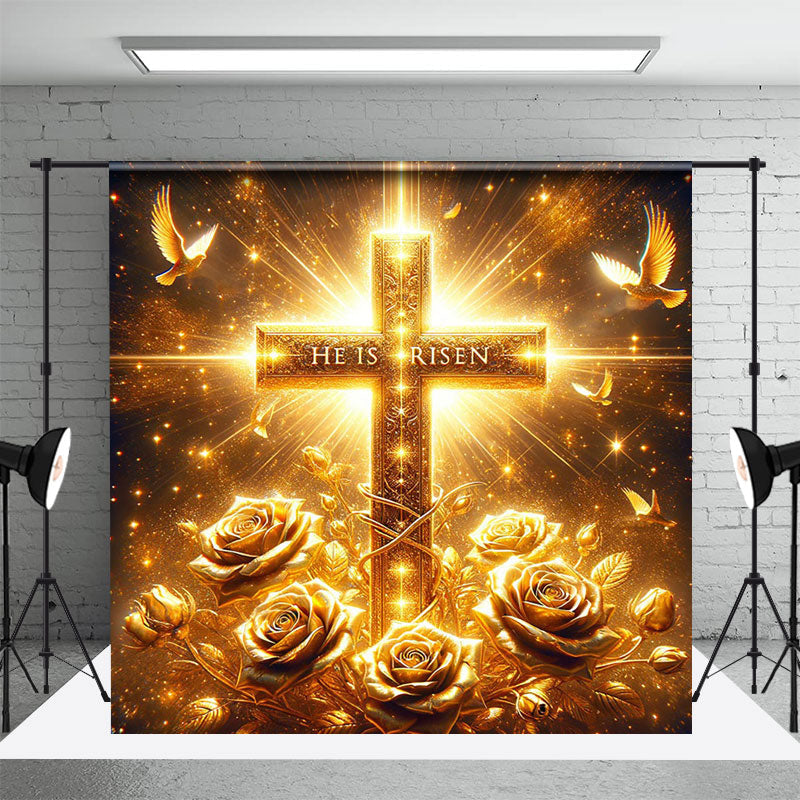 Aperturee - Aperturee Gold Sparkle Floral Cross He Is Risen Easter Backdrop