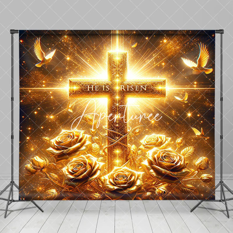 Aperturee - Aperturee Gold Sparkle Floral Cross He Is Risen Easter Backdrop