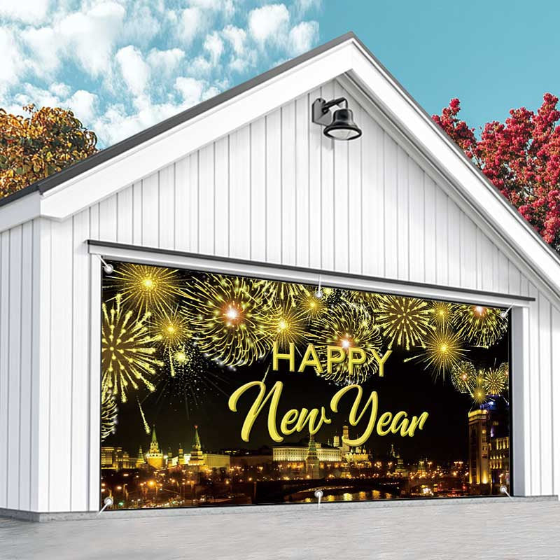 Aperturee - Aperturee Gold Sparkle Night City New Year Garage Door Banner