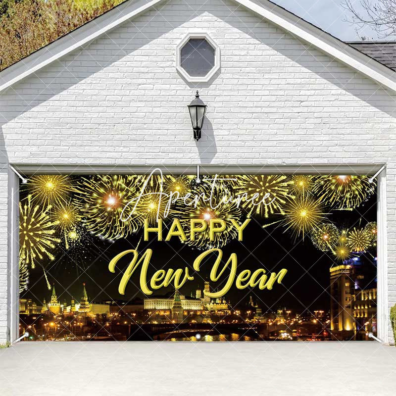 Aperturee - Aperturee Gold Sparkle Night City New Year Garage Door Banner