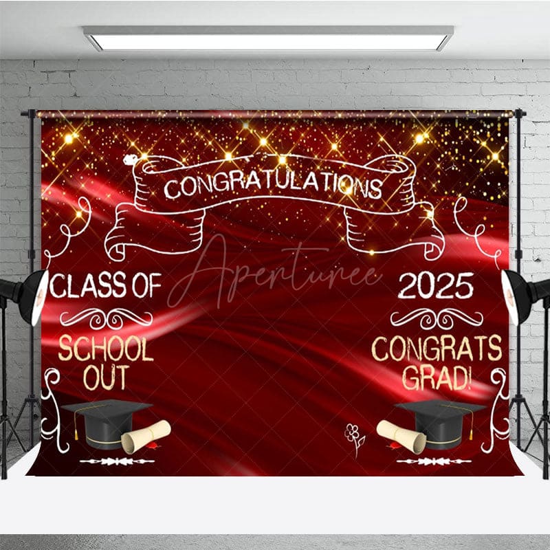 Aperturee - Aperturee Gold Sparkle Red Ribbon Congrats Graduation Backdrop