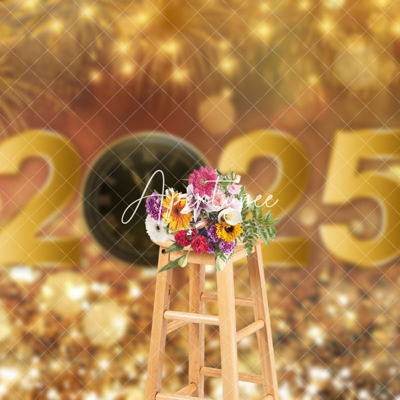 Aperturee - Aperturee Gold Sparkling Bokeh Clock 2025 New Year Backdrop