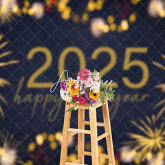 Aperturee - Aperturee Gold Sparks Bokeh Navy 2025 Happy New Year Backdrop