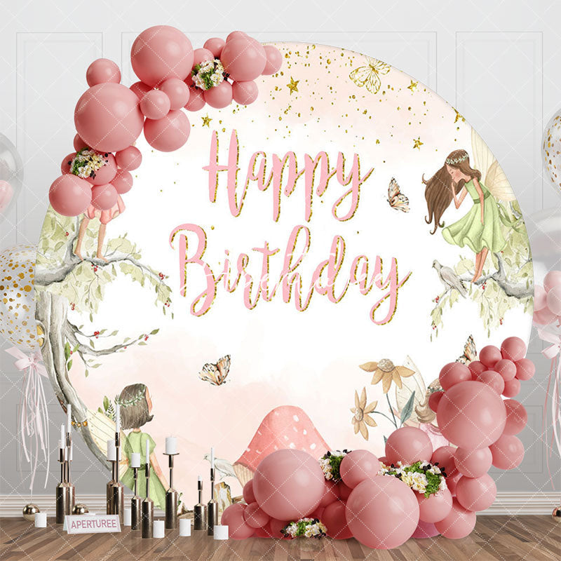 Aperturee - Aperturee Gold Starry Fairy Floral Round Birthday Backdrop