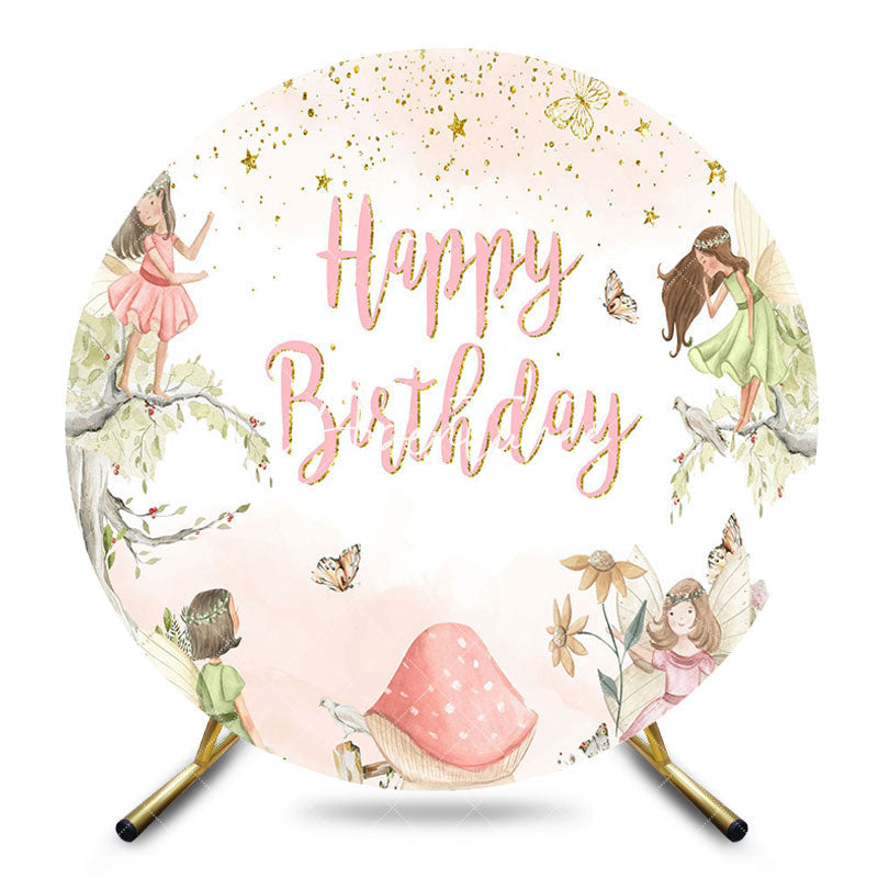 Aperturee - Aperturee Gold Starry Fairy Floral Round Birthday Backdrop