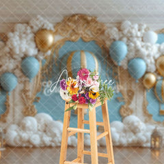 Aperturee - Aperturee Gold Wall Blue Hot Air Balloon Cake Samsh Backdrop