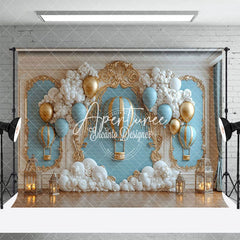 Aperturee - Aperturee Gold Wall Blue Hot Air Balloon Cake Samsh Backdrop