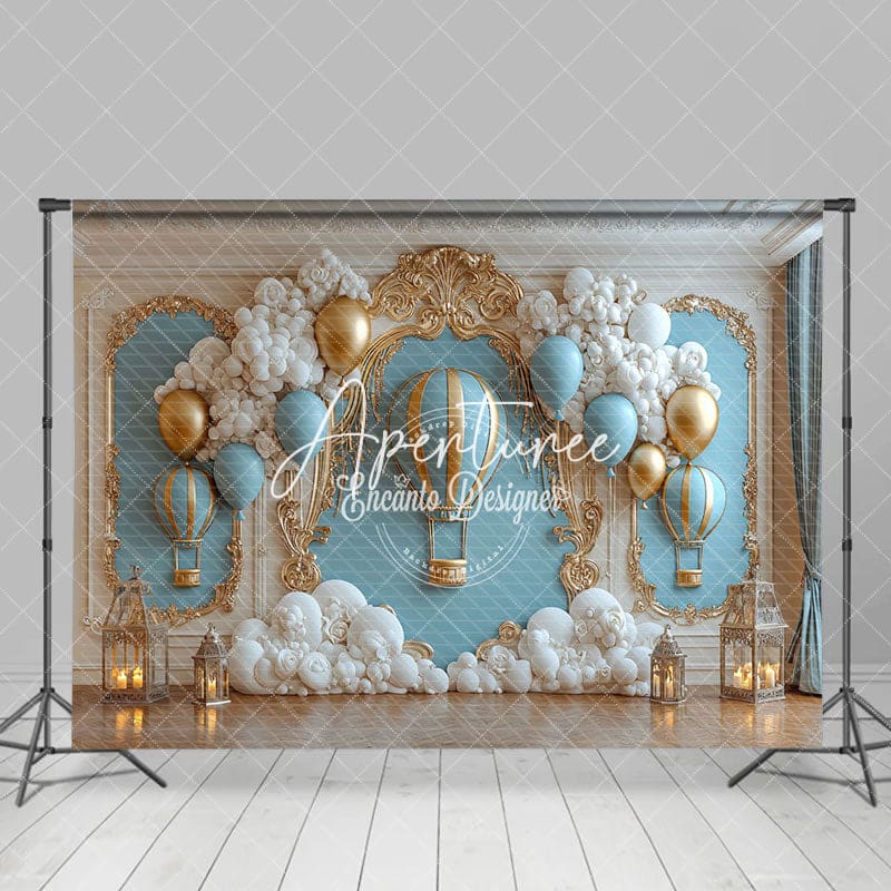 Aperturee - Aperturee Gold Wall Blue Hot Air Balloon Cake Samsh Backdrop