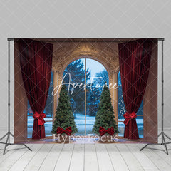 Aperturee - Aperturee Gold Wall Red Curtain Tree Window Christmas Backdrop