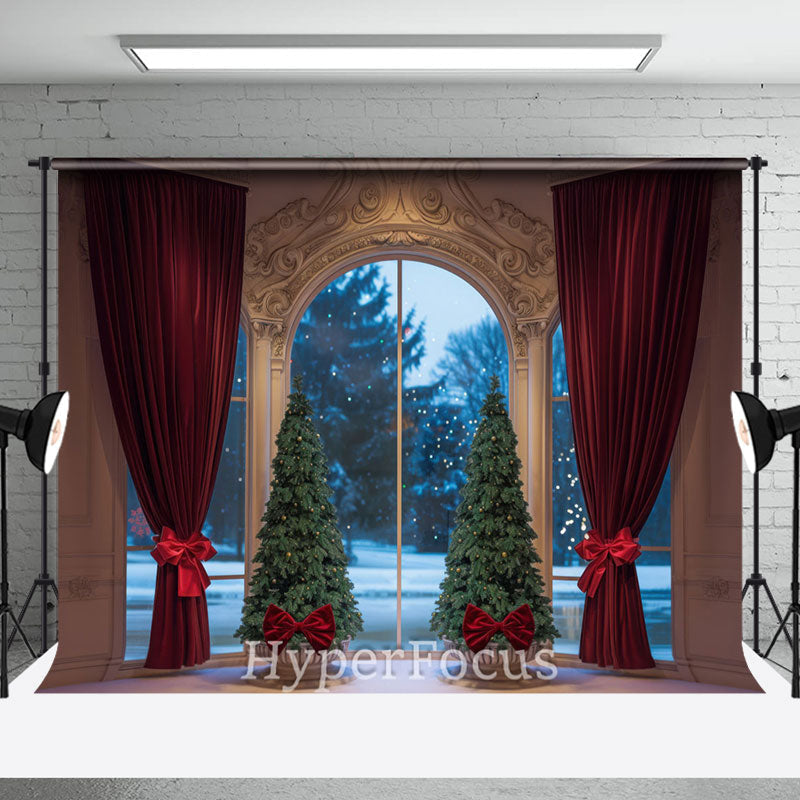 Aperturee - Aperturee Gold Wall Red Curtain Tree Window Christmas Backdrop