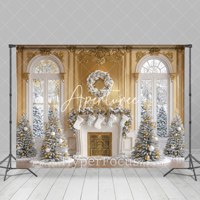 Aperturee - Aperturee Gold White Window Fireplace Tree Christmas Backdrop