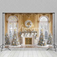 Aperturee - Aperturee Gold White Window Fireplace Tree Christmas Backdrop