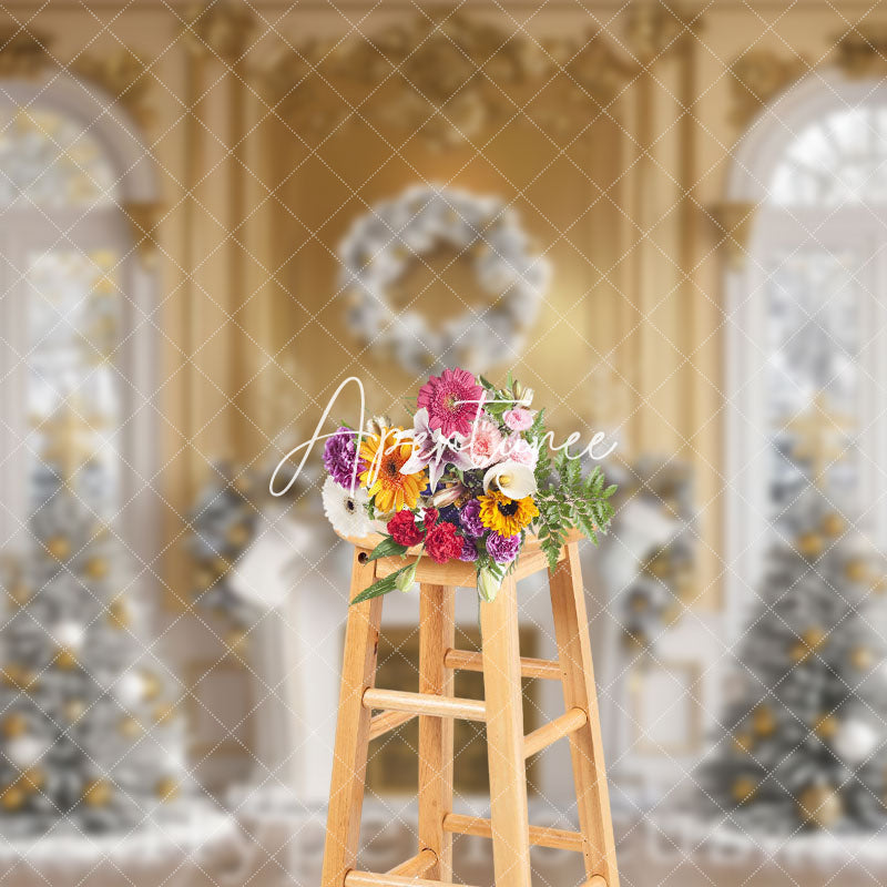 Aperturee - Aperturee Gold White Window Fireplace Tree Christmas Backdrop