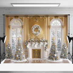 Aperturee - Aperturee Gold White Window Fireplace Tree Christmas Backdrop