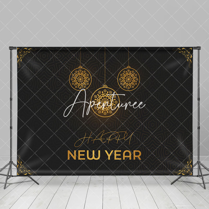 Aperturee - Aperturee Golden Hanging Ball Black Happy New Year Backdrop