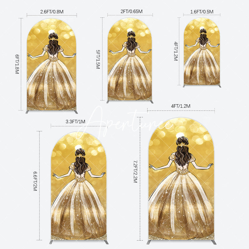 Aperturee - Aperturee Golden Princess Dress Bokeh Birthday Arch Backdrop