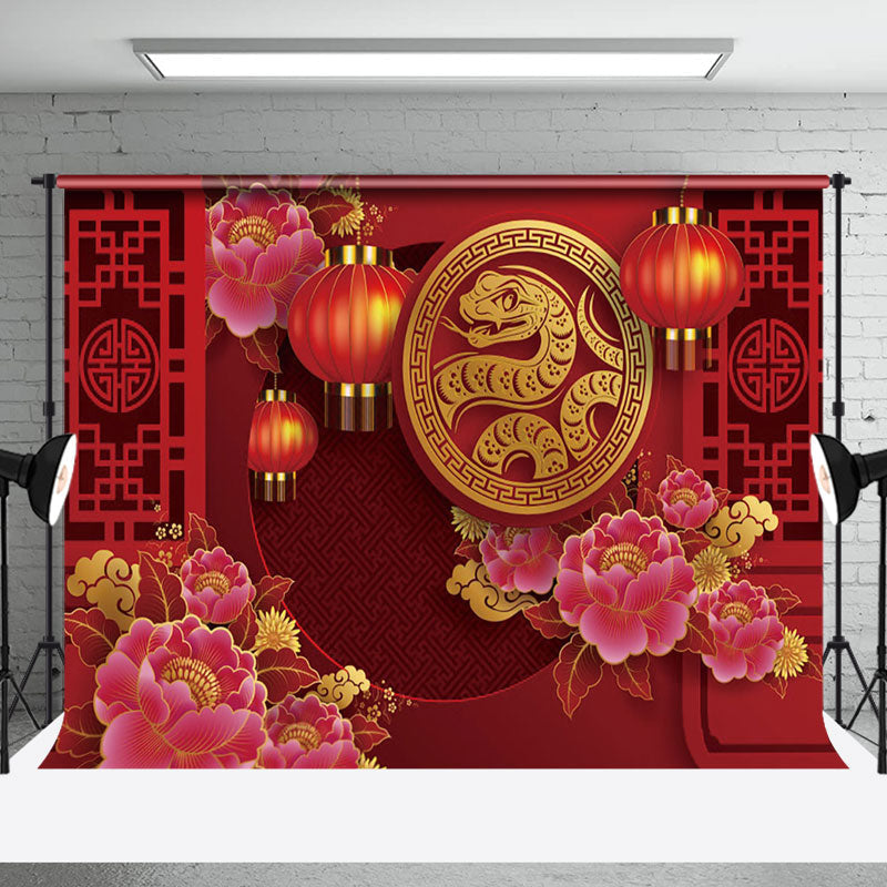 Aperturee - Aperturee Golden Snake Peony Lanterns Red New Year Backdrop