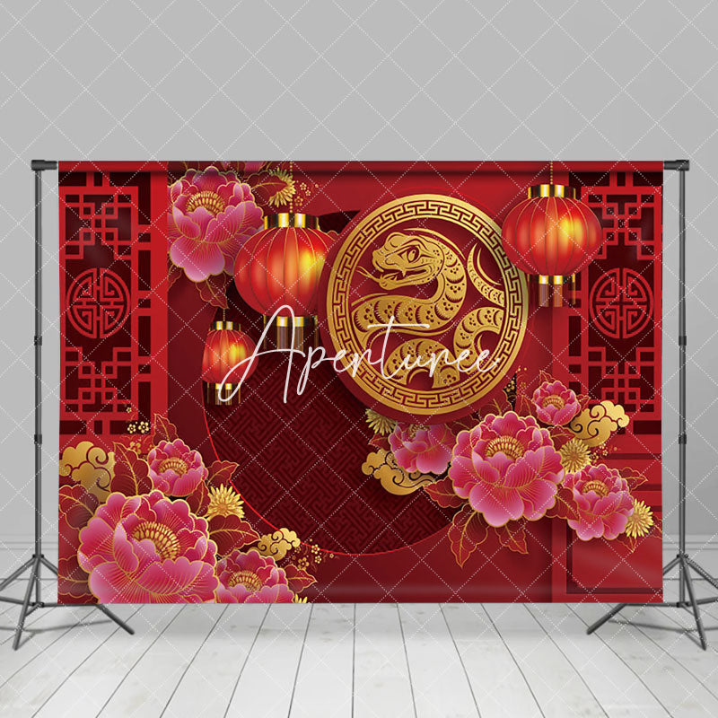 Aperturee - Aperturee Golden Snake Peony Lanterns Red New Year Backdrop