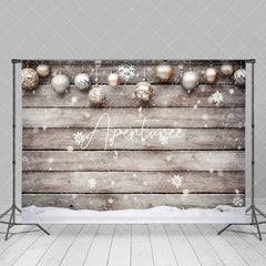 Aperturee - Aperturee Golden White Christmas Ball Snow Warm Wood Backdrop