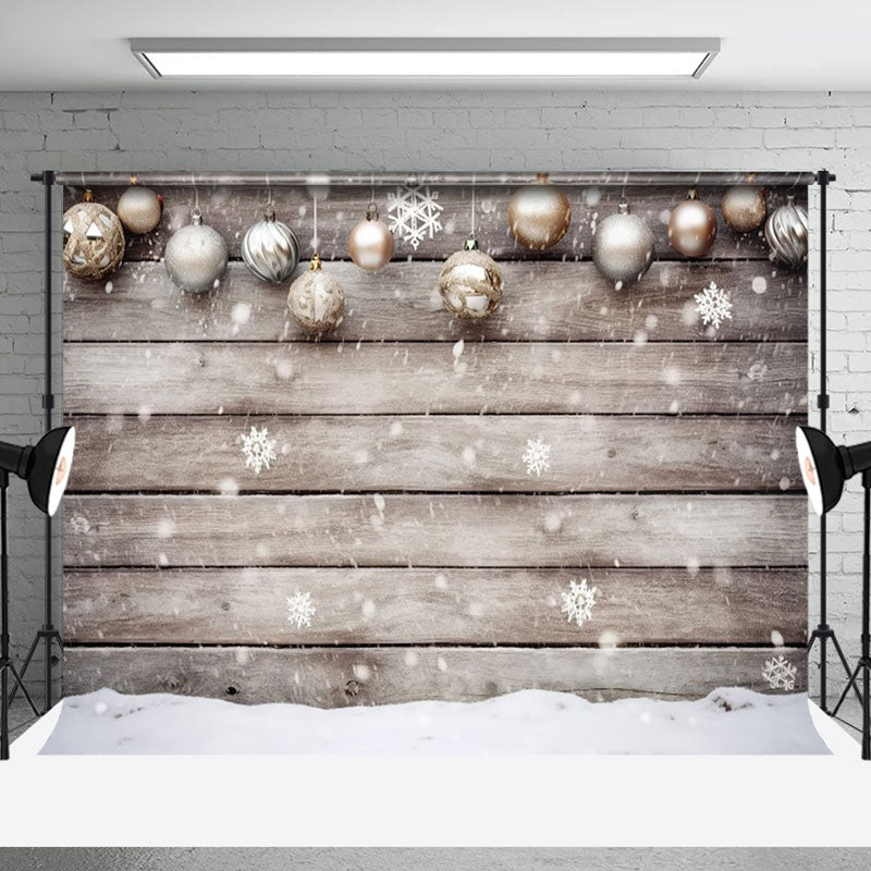 Aperturee - Aperturee Golden White Christmas Ball Snow Warm Wood Backdrop