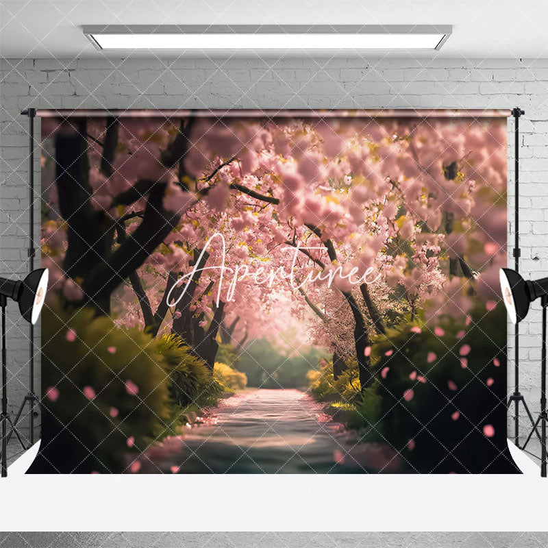 Aperturee - Aperturee Grass Sakura Grove Path Spring Photography Backdrop