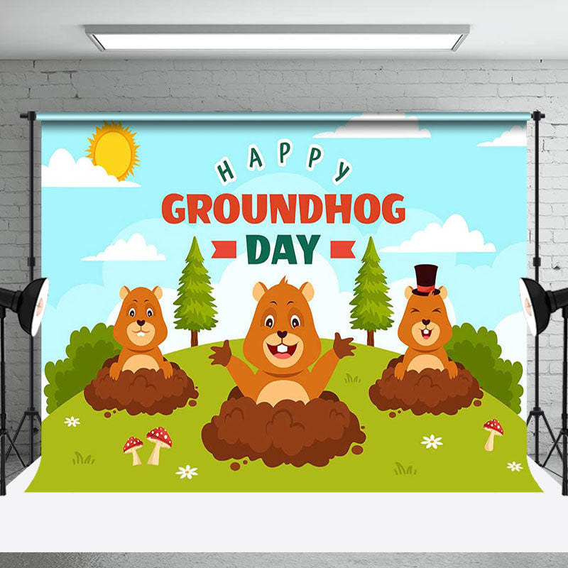 Aperturee - Aperturee Grassfield Blue Sky Happy Groundhog Day Backdrop