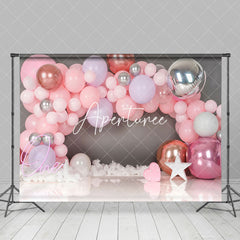 Aperturee - Aperturee Gray Wall Pink Balloon Girls 1St Birthday Backdrop