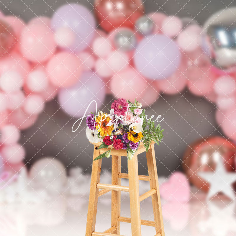 Aperturee - Aperturee Gray Wall Pink Balloon Girls 1St Birthday Backdrop