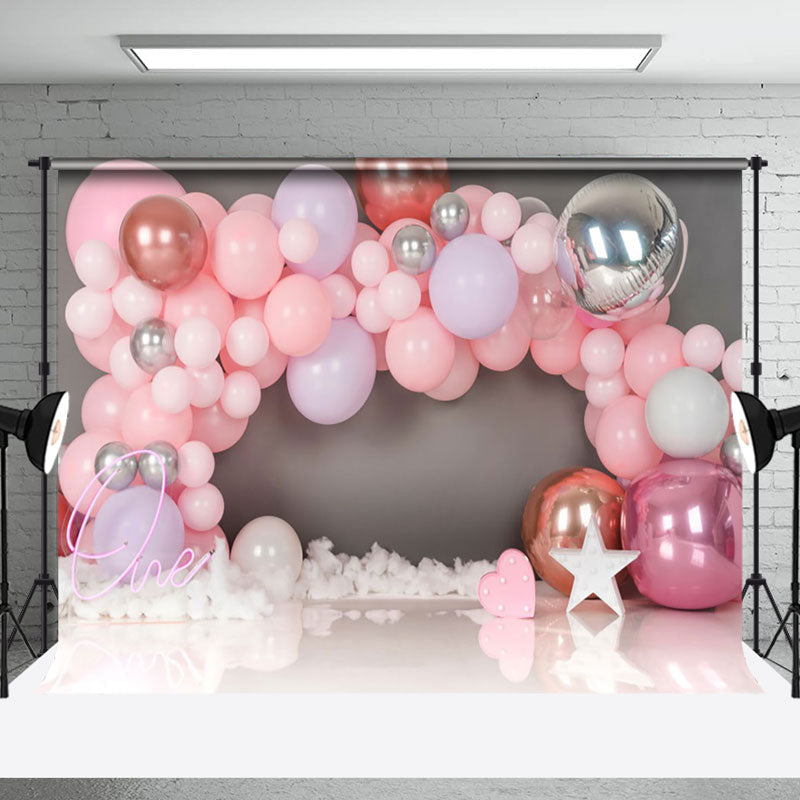 Aperturee - Aperturee Gray Wall Pink Balloon Girls 1St Birthday Backdrop