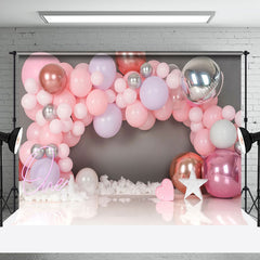 Aperturee - Aperturee Gray Wall Pink Balloon Girls 1St Birthday Backdrop