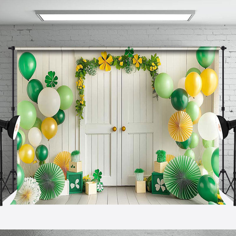 Aperturee - Aperturee Green Balloons Clover White Wood Door Photo Backdrop